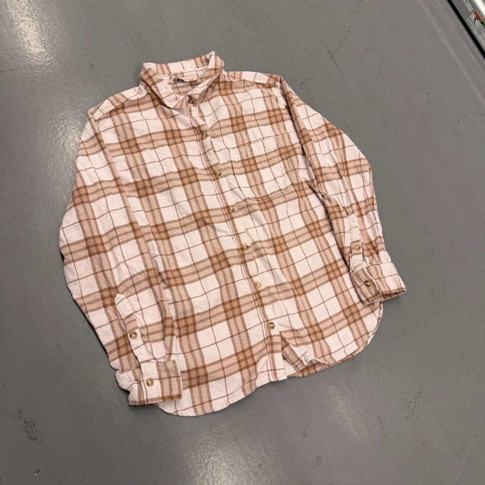 SO Goods For Life Tan White‎ Plaid Flannel Button Down Shirt Womens Small S - Picture 9 of 10